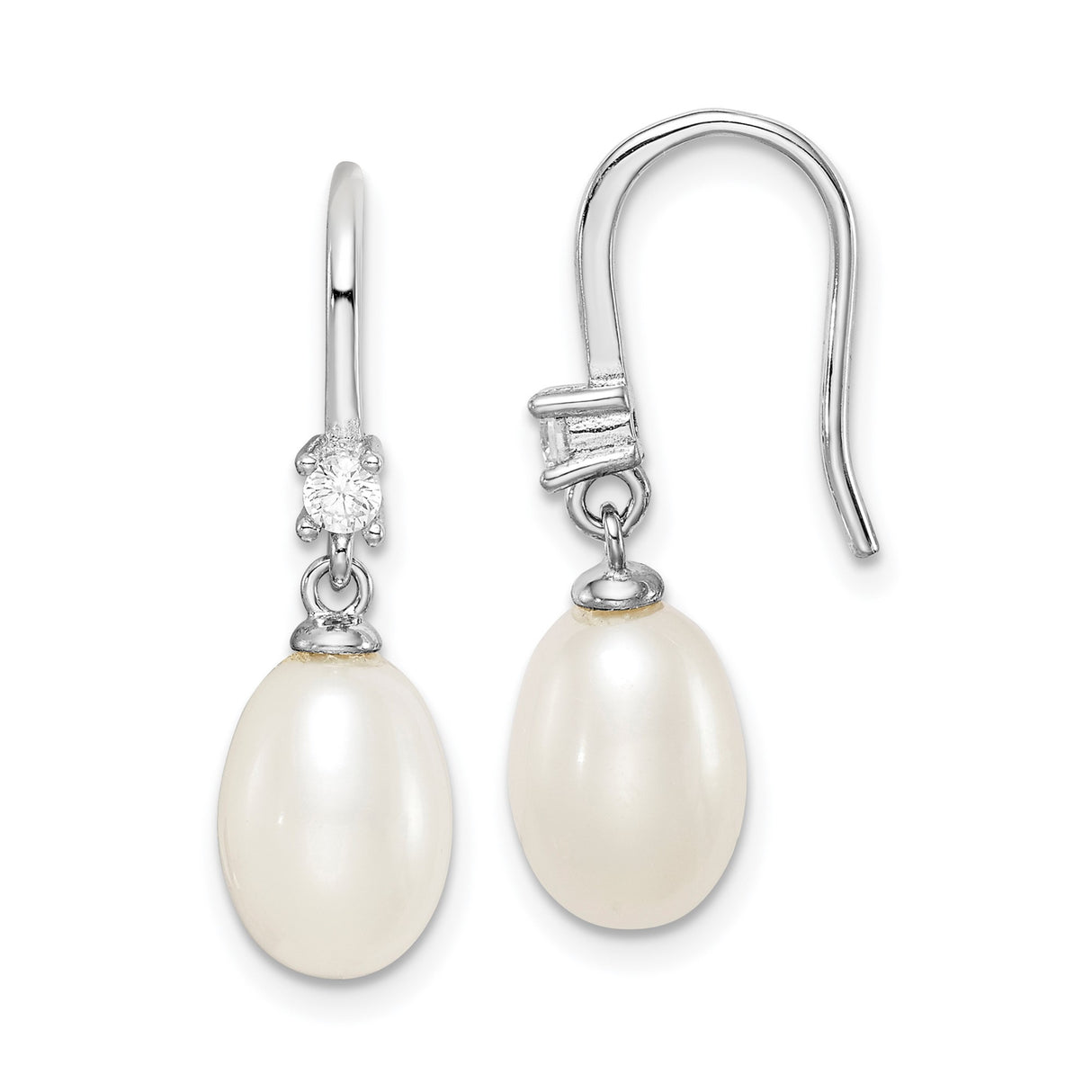 Sterling Silver Drop Earrings with White Freshwater Cultured Pearls and Cubic Zirconia Accents