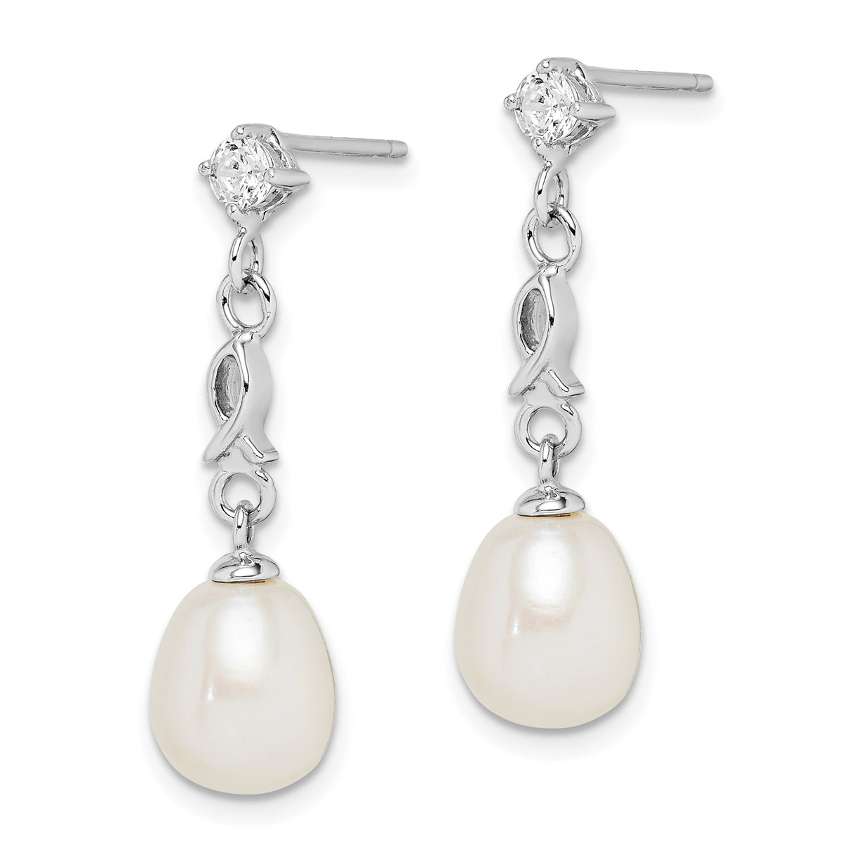 Sterling Silver Dangle Earrings with Teardrop Freshwater Pearls and Cubic Zirconia, Ichthys Symbol