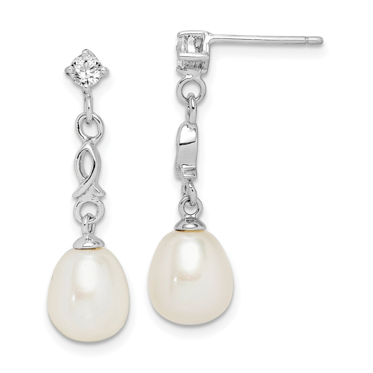 Sterling Silver Dangle Earrings with Teardrop Freshwater Pearls and Cubic Zirconia, Ichthys Symbol