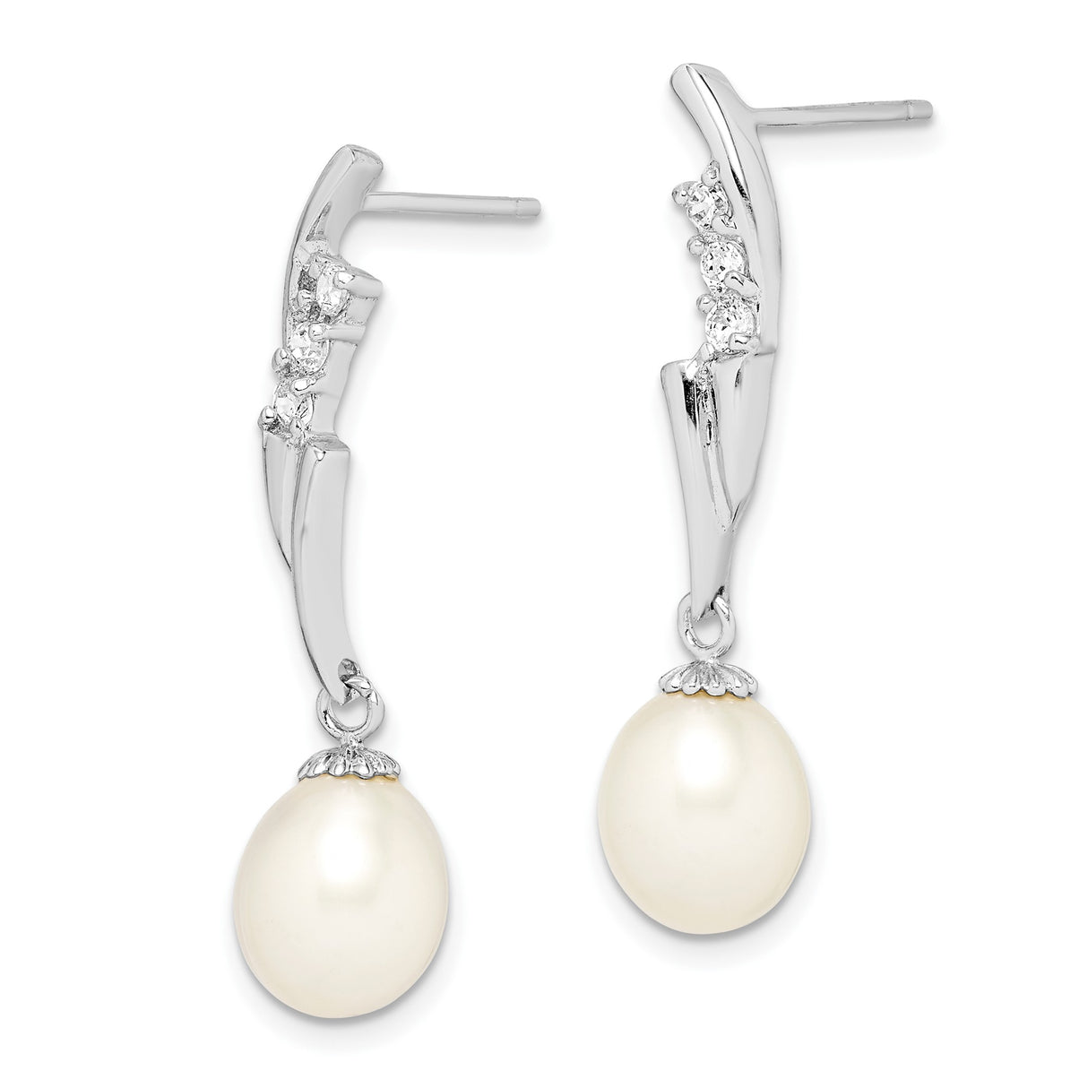 Sterling Silver Drop Earrings with White Freshwater Pearls and Cubic Zirconia Accents