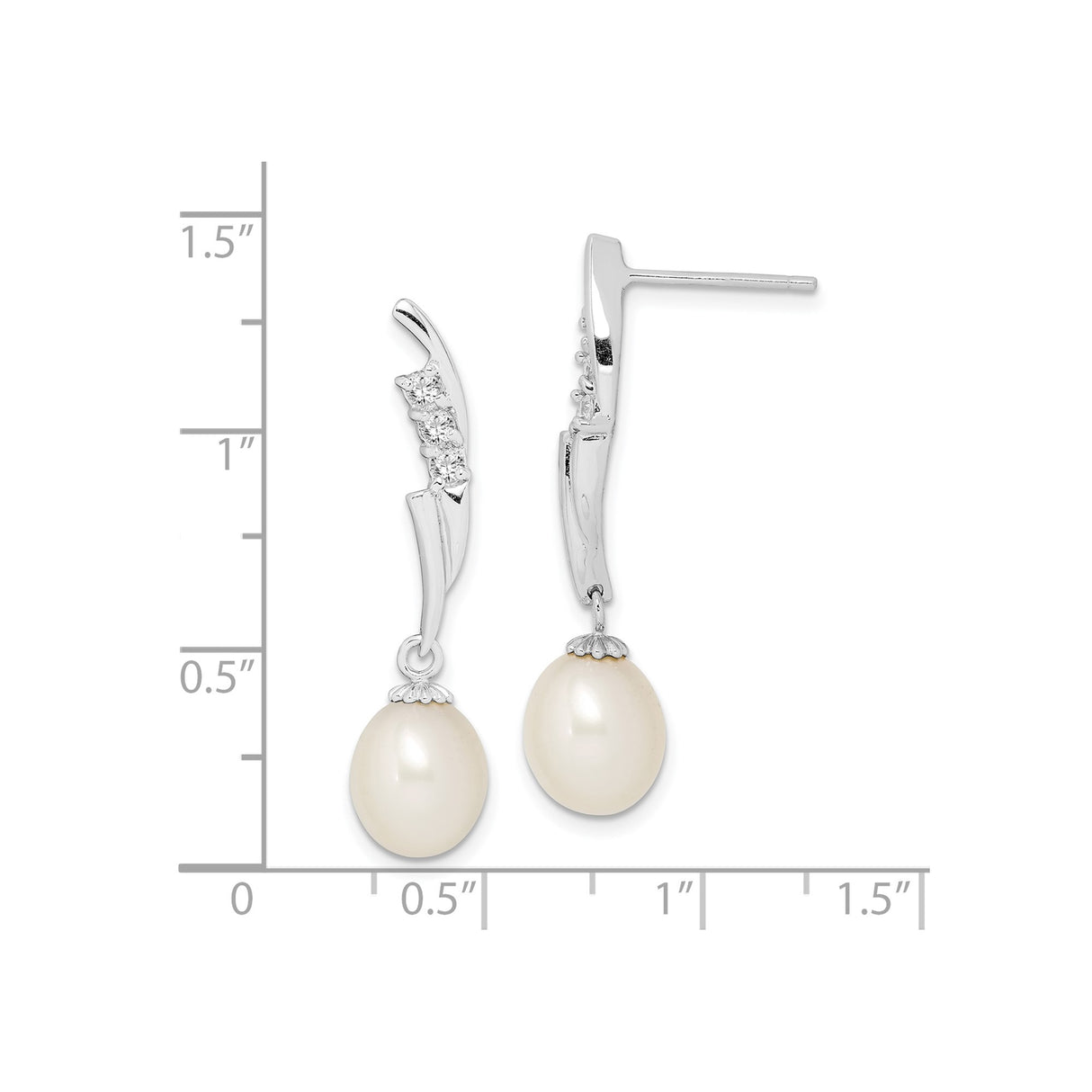 Sterling Silver Drop Earrings with White Freshwater Pearls and Cubic Zirconia Accents