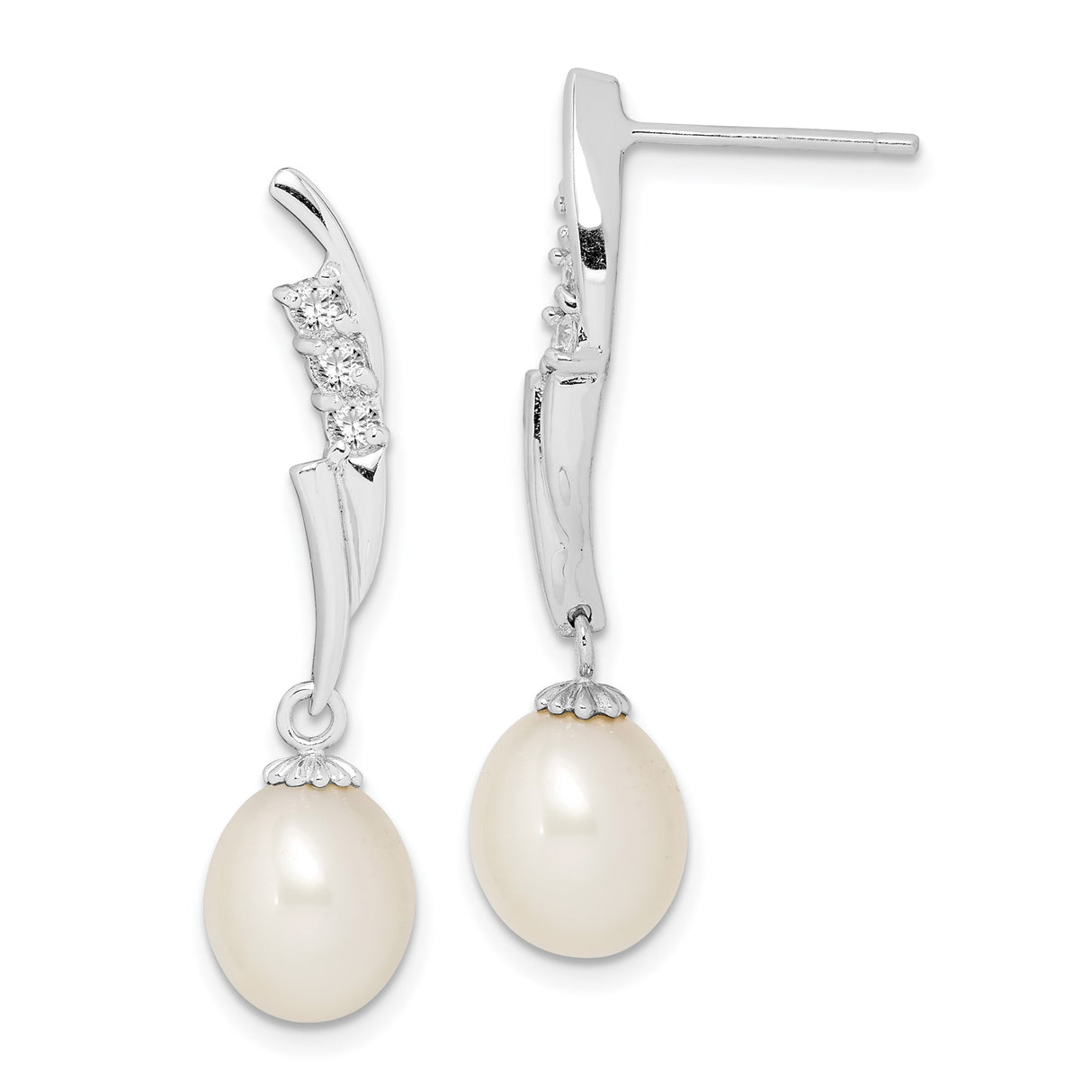 Sterling Silver Drop Earrings with White Freshwater Pearls and Cubic Zirconia Accents