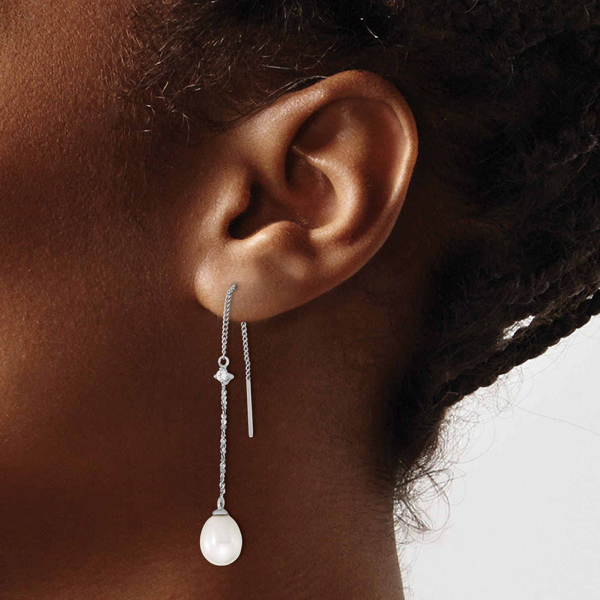 Sterling Silver Threader Earrings with Freshwater Cultured Pearls and Cubic Zirconia