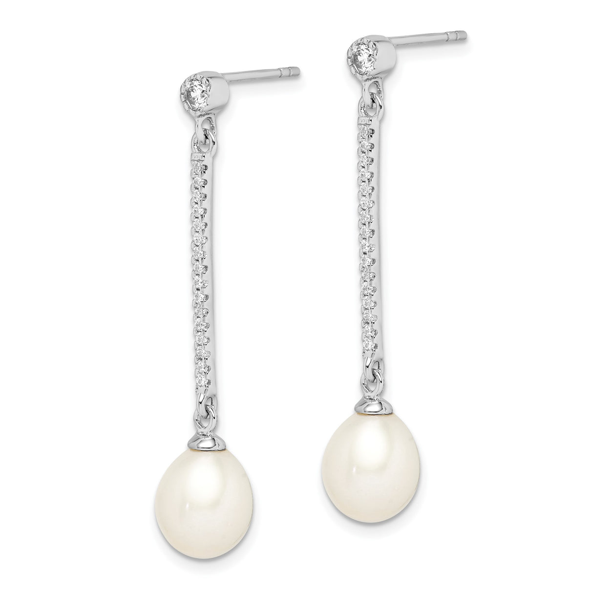 Sterling Silver Drop Earrings with Freshwater Pearl and Cubic Zirconia, Linear Dangle Design