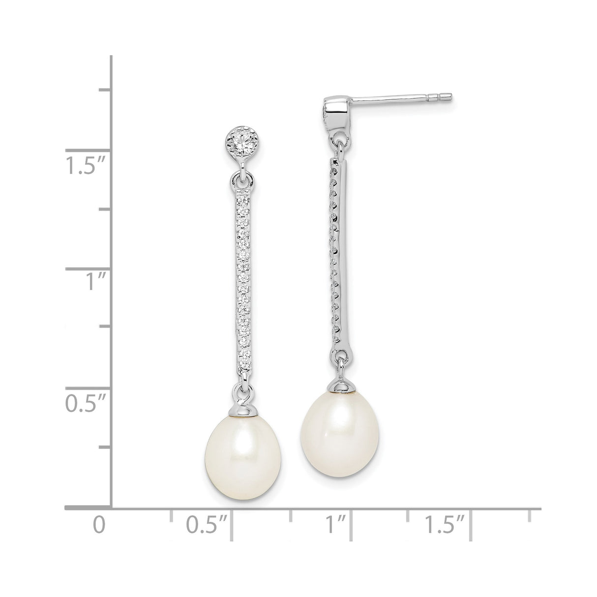 Sterling Silver Drop Earrings with Freshwater Pearl and Cubic Zirconia, Linear Dangle Design
