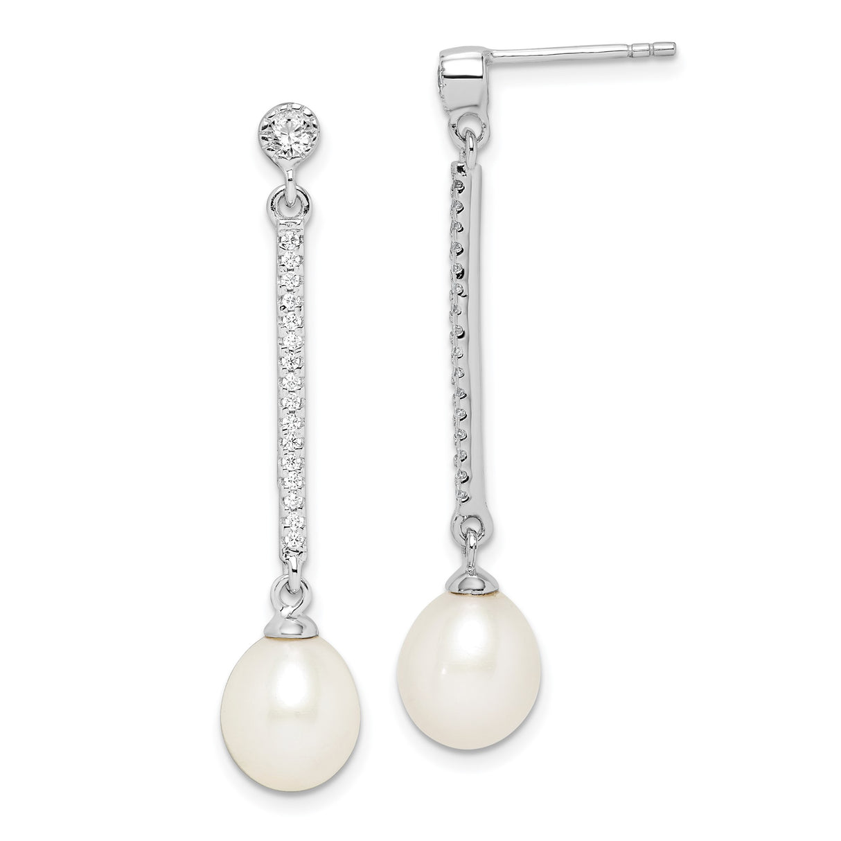 Sterling Silver Drop Earrings with Freshwater Pearl and Cubic Zirconia, Linear Dangle Design
