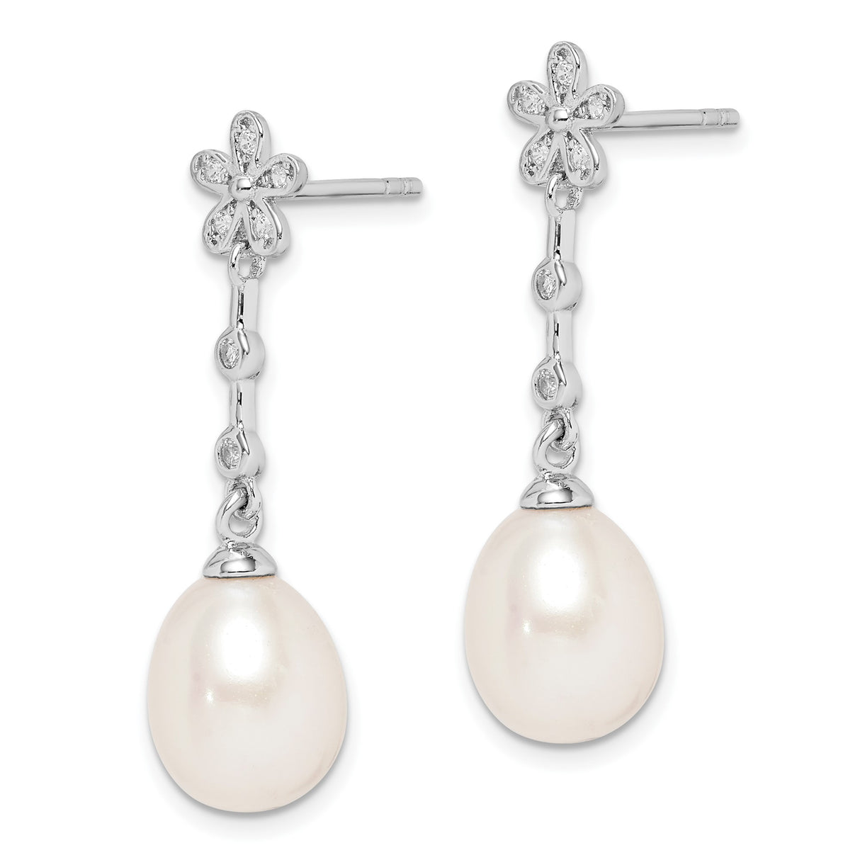 Sterling Silver Dangle Earrings with Freshwater Pearl and Cubic Zirconia, Floral Teardrop Design