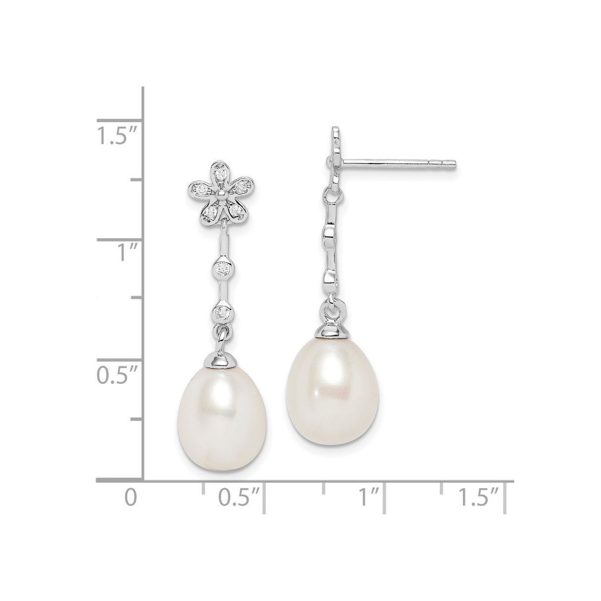 Sterling Silver Dangle Earrings with Freshwater Pearl and Cubic Zirconia, Floral Teardrop Design