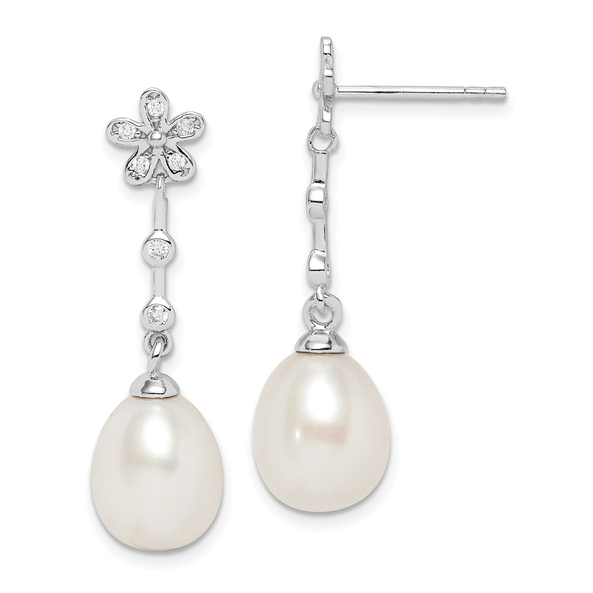 Sterling Silver Dangle Earrings with Freshwater Pearl and Cubic Zirconia, Floral Teardrop Design