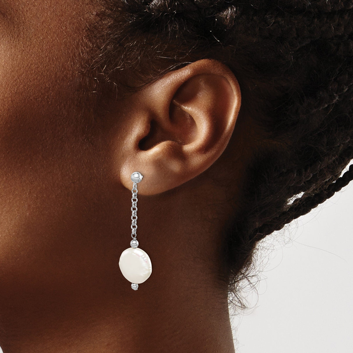 Sterling Silver Drop Earrings with Freshwater Coin Pearls, Long Chain Link Design