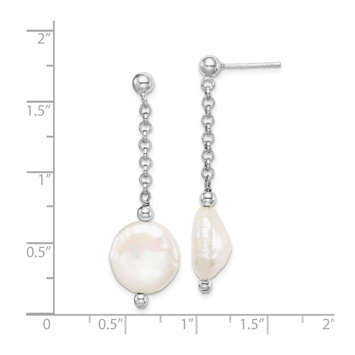 Sterling Silver Drop Earrings with Freshwater Coin Pearls, Long Chain Link Design