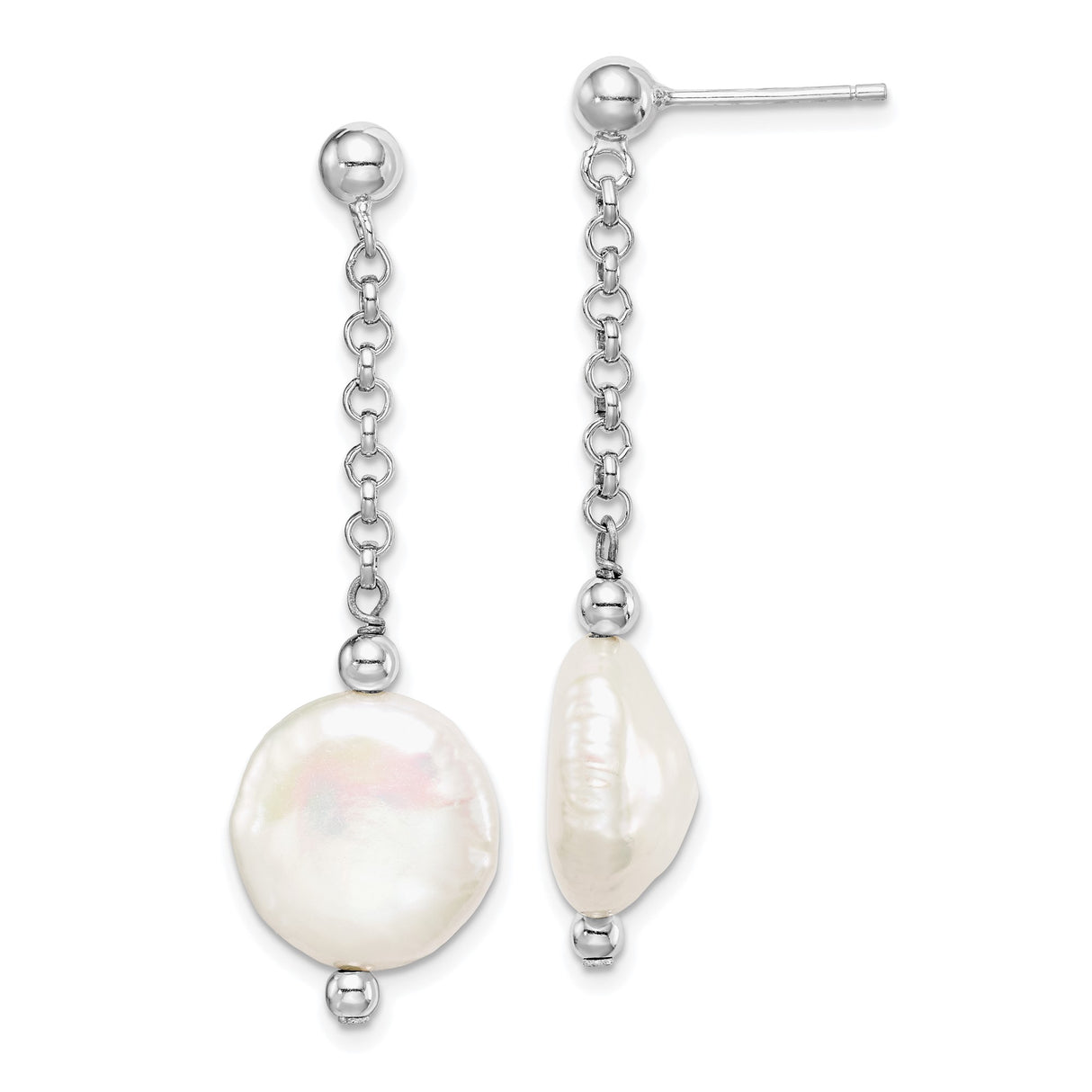 Sterling Silver Drop Earrings with Freshwater Coin Pearls, Long Chain Link Design