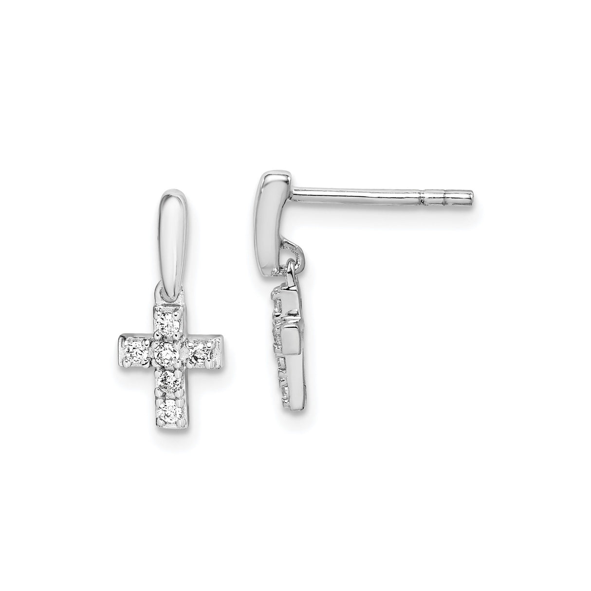 Sterling Silver Dangle Cross Earrings with Cubic Zirconia, Polished Finish, Modern Faith Jewelry