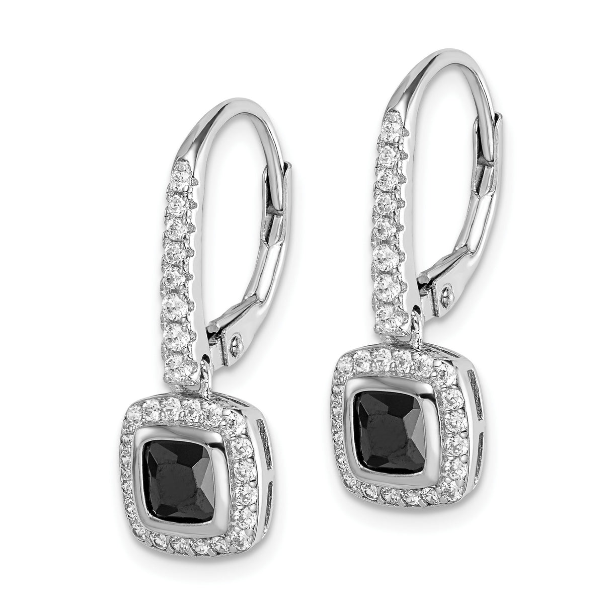 Sterling Silver Dangle Earrings with Cushion Cut Black Cubic Zirconia and Halo Accents