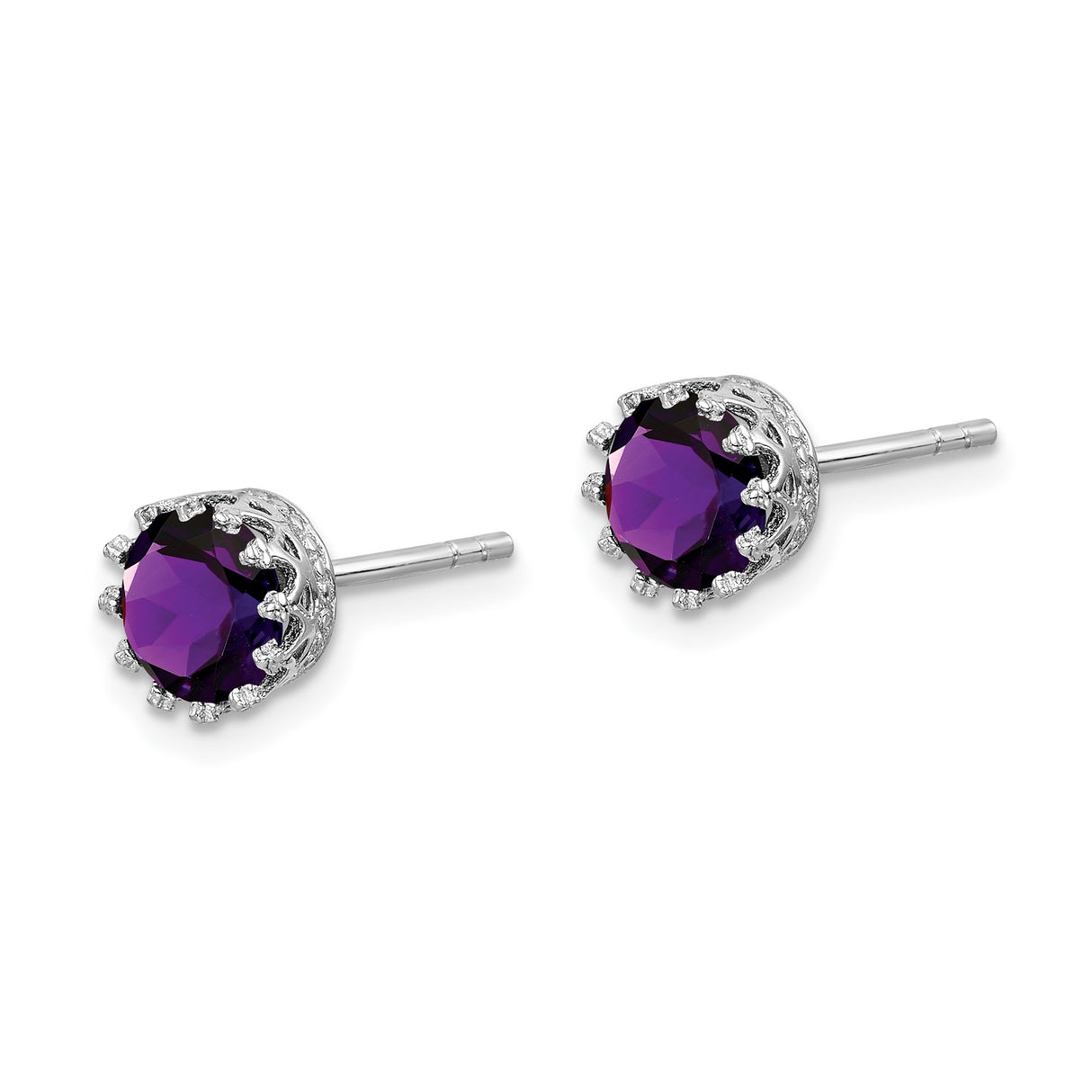 Sterling Silver Amethyst Stud Earrings, Round Cut, Crown Setting, February Birthstone Jewelry