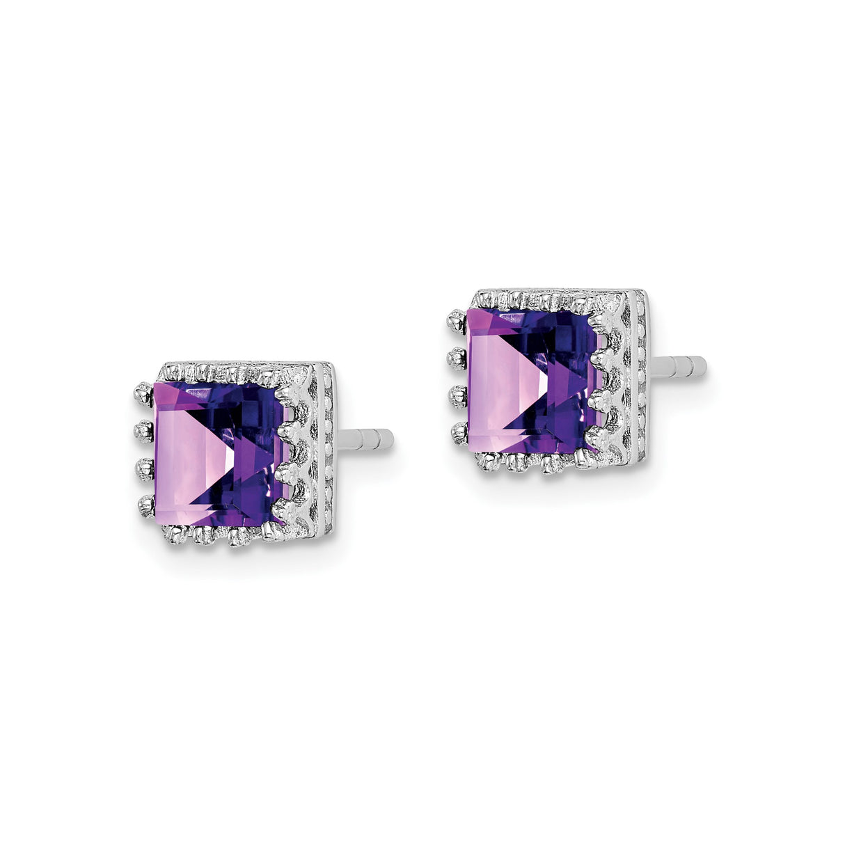 Sterling Silver Amethyst Stud Earrings with Square Cut Stones and Halo Detail
