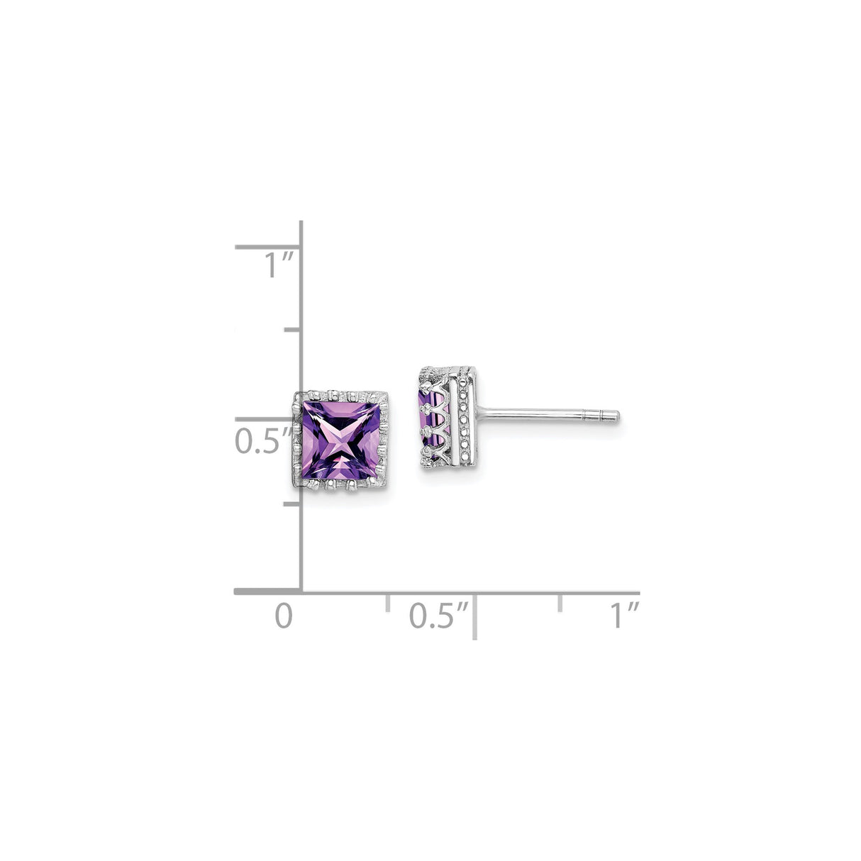 Sterling Silver Amethyst Stud Earrings with Square Cut Stones and Halo Detail