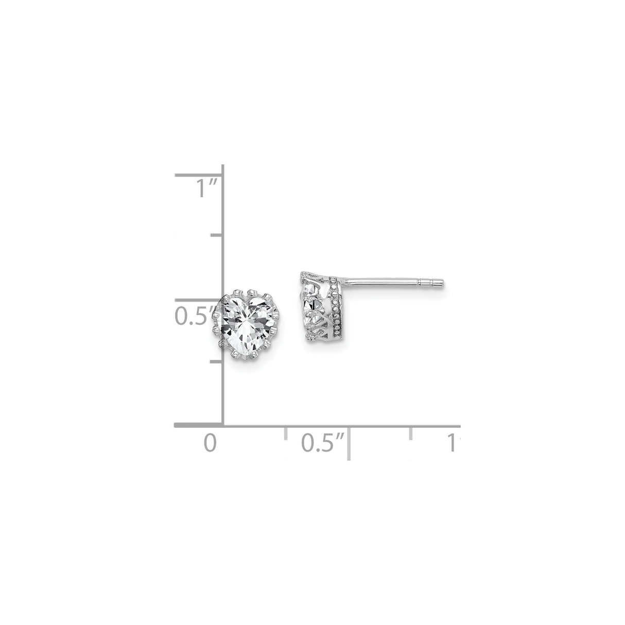 Sterling Silver Heart Shaped Stud Earrings with Cubic Zirconia and Crown Detailing for Women