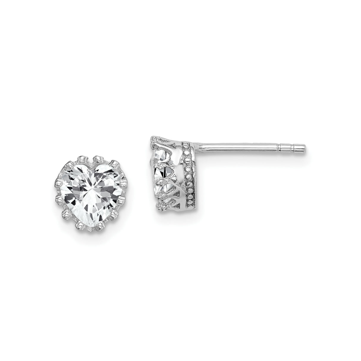Sterling Silver Heart Shaped Stud Earrings with Cubic Zirconia and Crown Detailing for Women