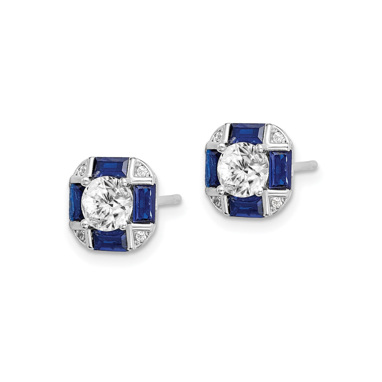 Sterling Silver Stud Earrings with Blue Spinel and Cubic Zirconia Halo Design