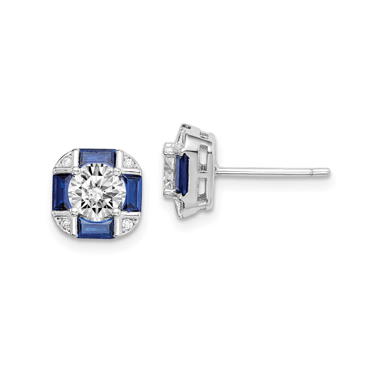 Sterling Silver Stud Earrings with Blue Spinel and Cubic Zirconia Halo Design