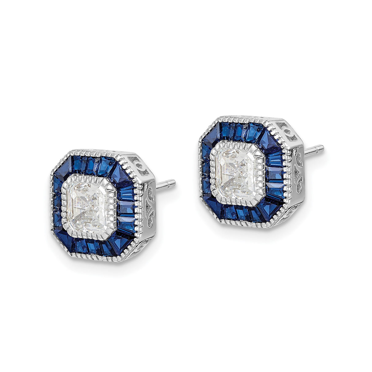 Sterling Silver Stud Earrings with Asscher Cut Spinel, Baguette and Square Cubic Zirconia, Halo Design