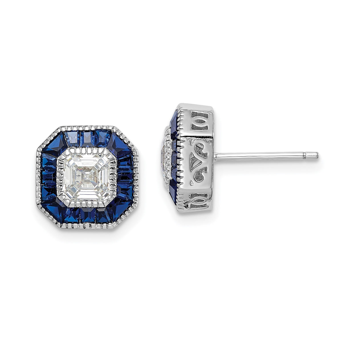 Sterling Silver Stud Earrings with Asscher Cut Spinel, Baguette and Square Cubic Zirconia, Halo Design
