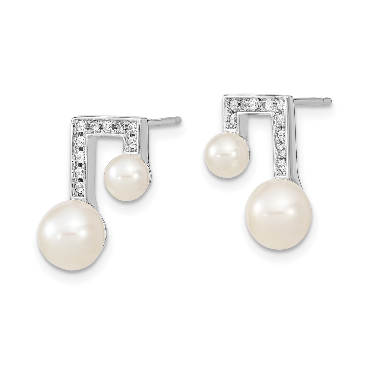 Sterling Silver Musical Note Stud Earrings with Freshwater Pearl and Cubic Zirconia