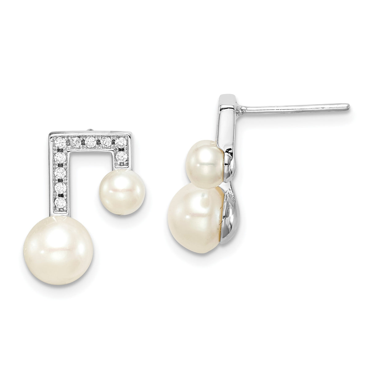 Sterling Silver Musical Note Stud Earrings with Freshwater Pearl and Cubic Zirconia