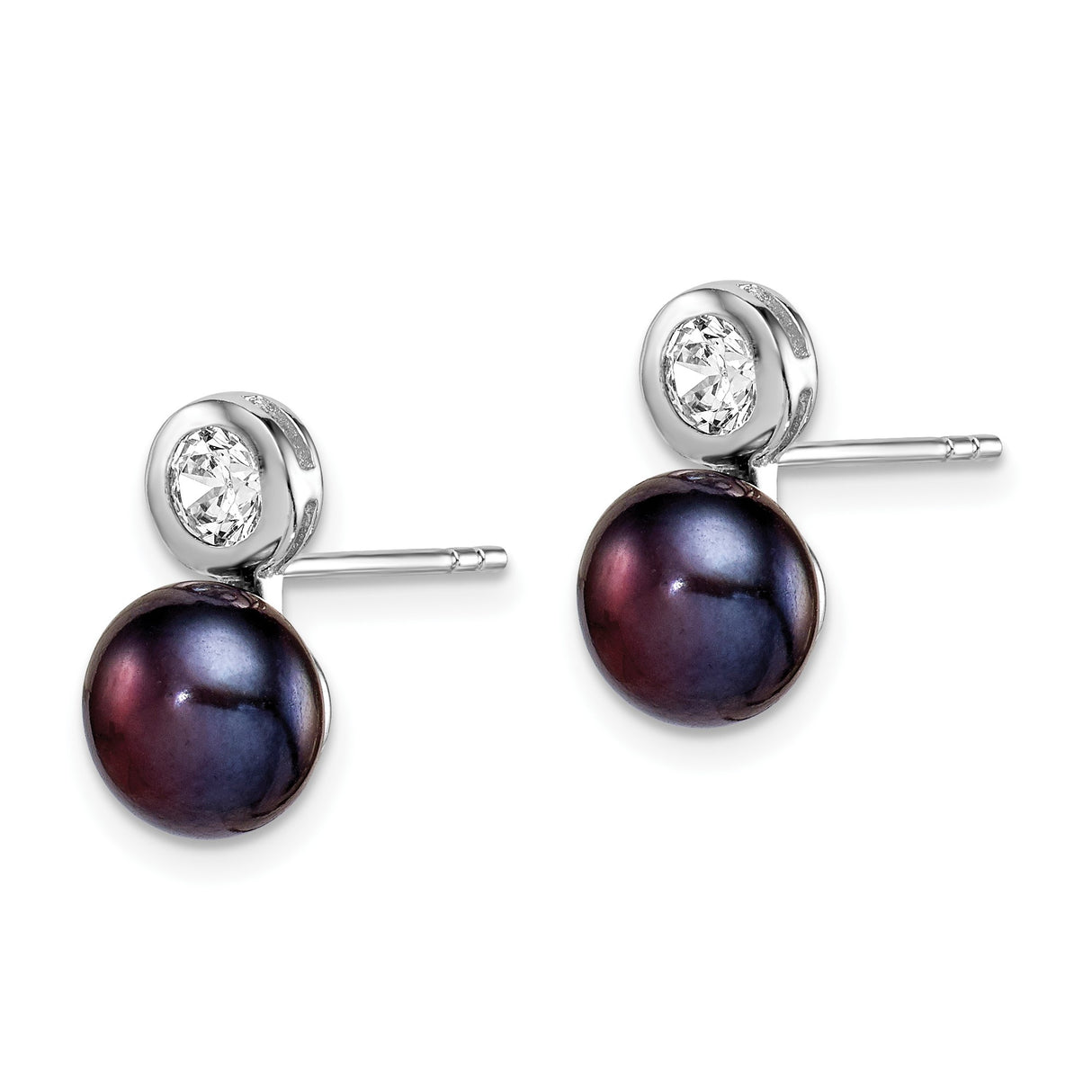 Sterling Silver Stud Earrings with Black Freshwater Cultured Pearl and Cubic Zirconia Bezel Set Stones