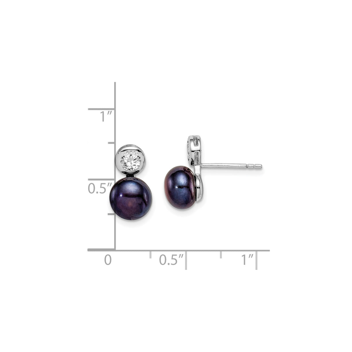 Sterling Silver Stud Earrings with Black Freshwater Cultured Pearl and Cubic Zirconia Bezel Set Stones