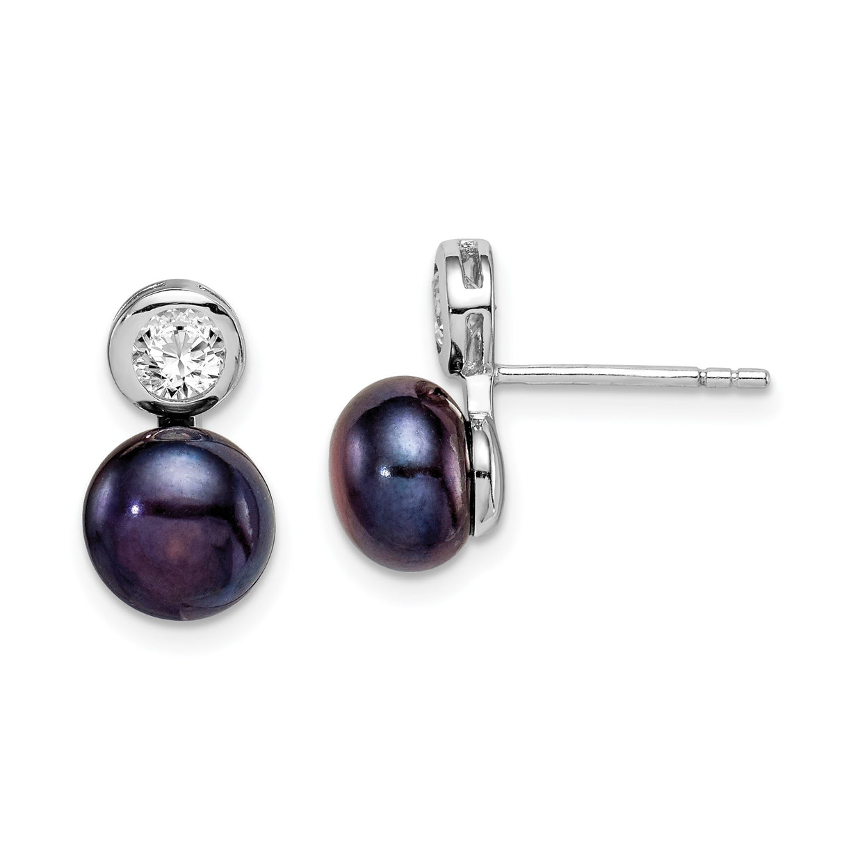 Sterling Silver Stud Earrings with Black Freshwater Cultured Pearl and Cubic Zirconia Bezel Set Stones