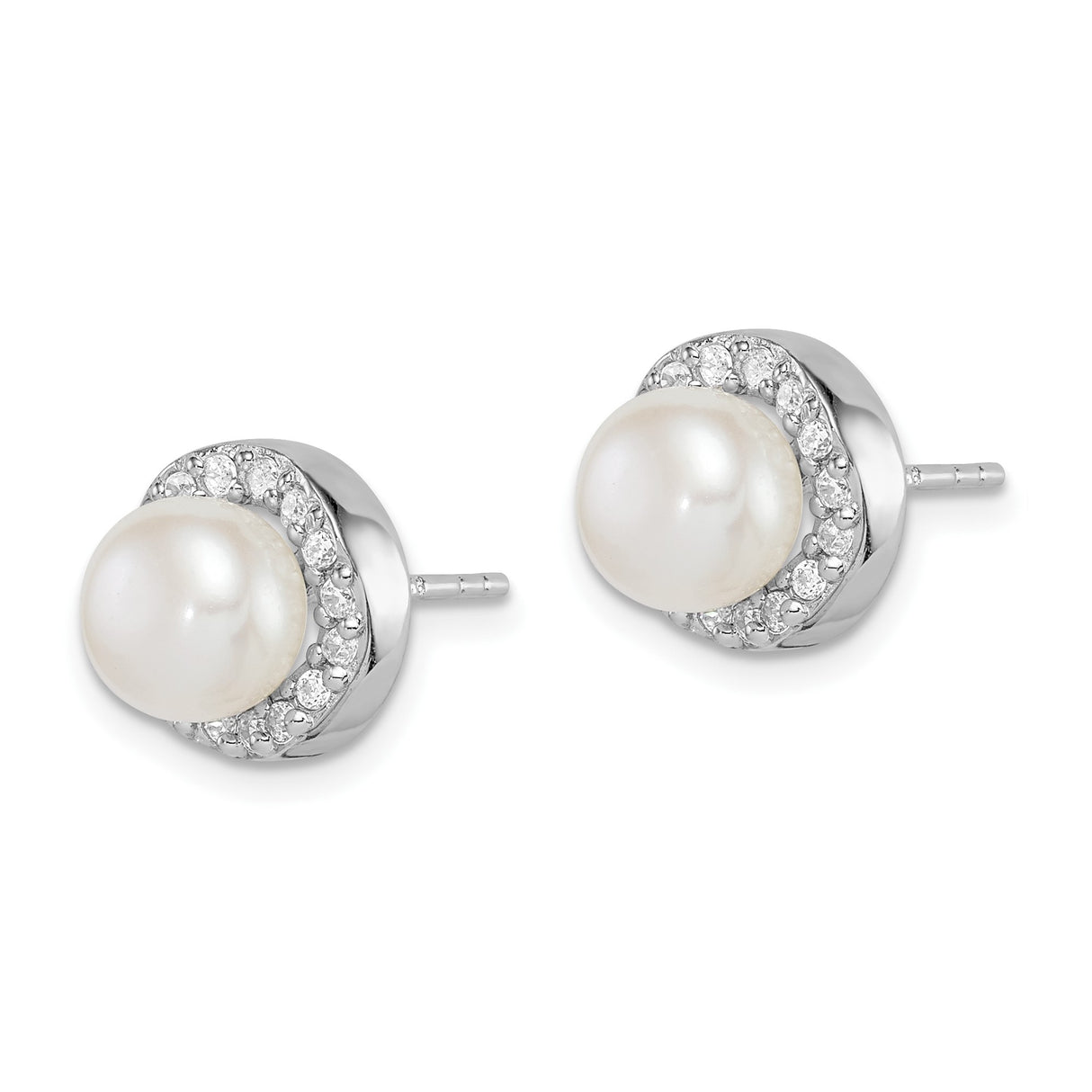 Sterling Silver Stud Earrings with Round White Cultured Pearl and Cubic Zirconia Halo