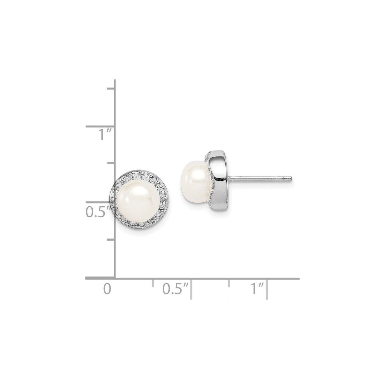 Sterling Silver Stud Earrings with Round White Cultured Pearl and Cubic Zirconia Halo