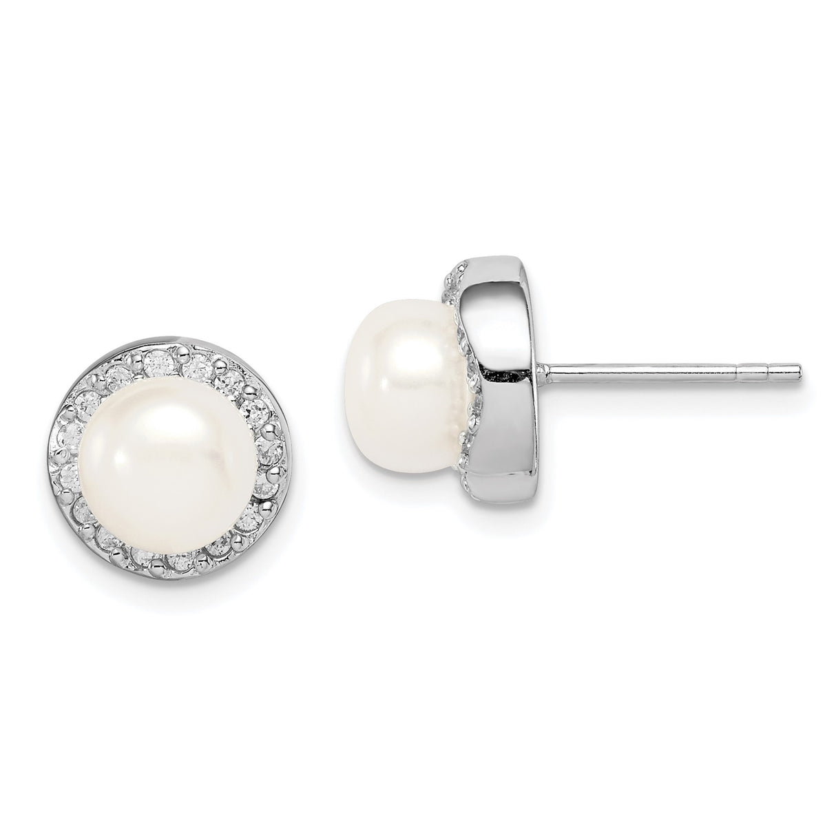 Sterling Silver Stud Earrings with Round White Cultured Pearl and Cubic Zirconia Halo