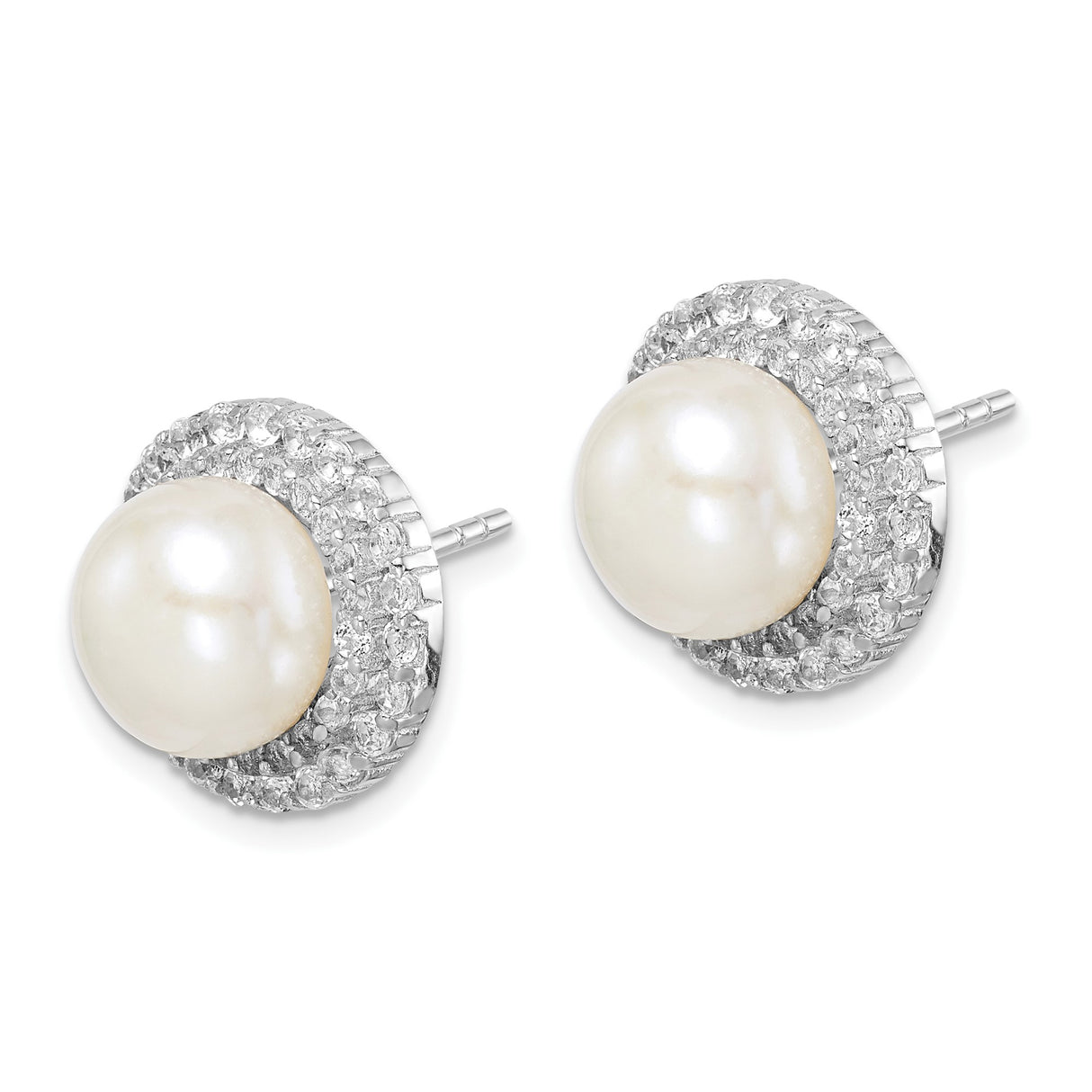 Sterling Silver Pearl Stud Earrings with Cubic Zirconia Halo, Classic Bridal Design for Women
