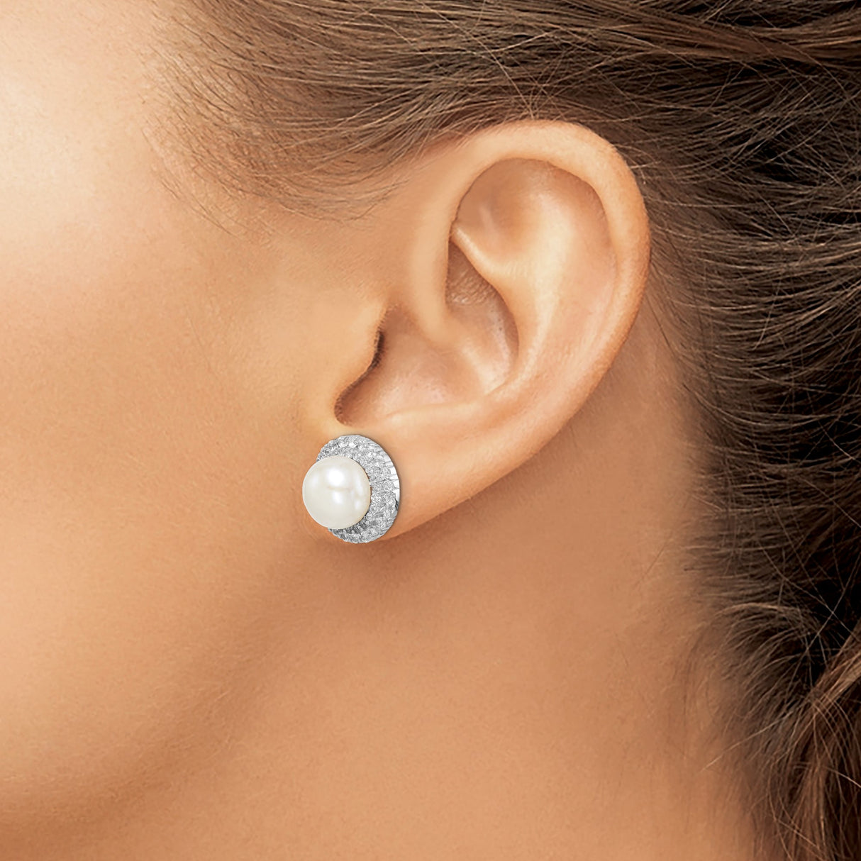 Sterling Silver Pearl Stud Earrings with Cubic Zirconia Halo, Classic Bridal Design for Women