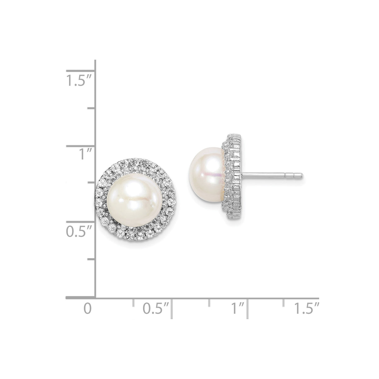 Sterling Silver Pearl Stud Earrings with Cubic Zirconia Halo, Classic Bridal Design for Women