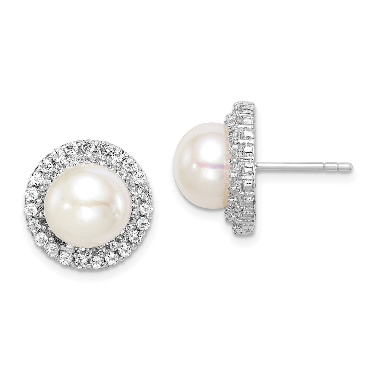 Sterling Silver Pearl Stud Earrings with Cubic Zirconia Halo, Classic Bridal Design for Women