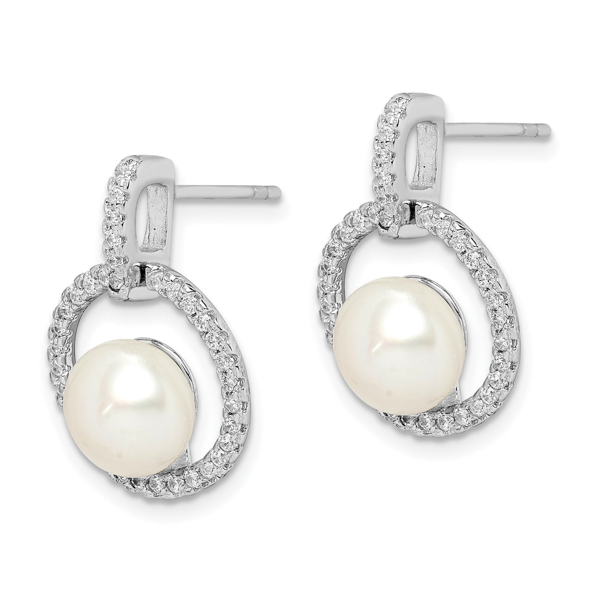 Sterling Silver Stud Earrings with Freshwater Cultured Pearls and Cubic Zirconia Circle Design