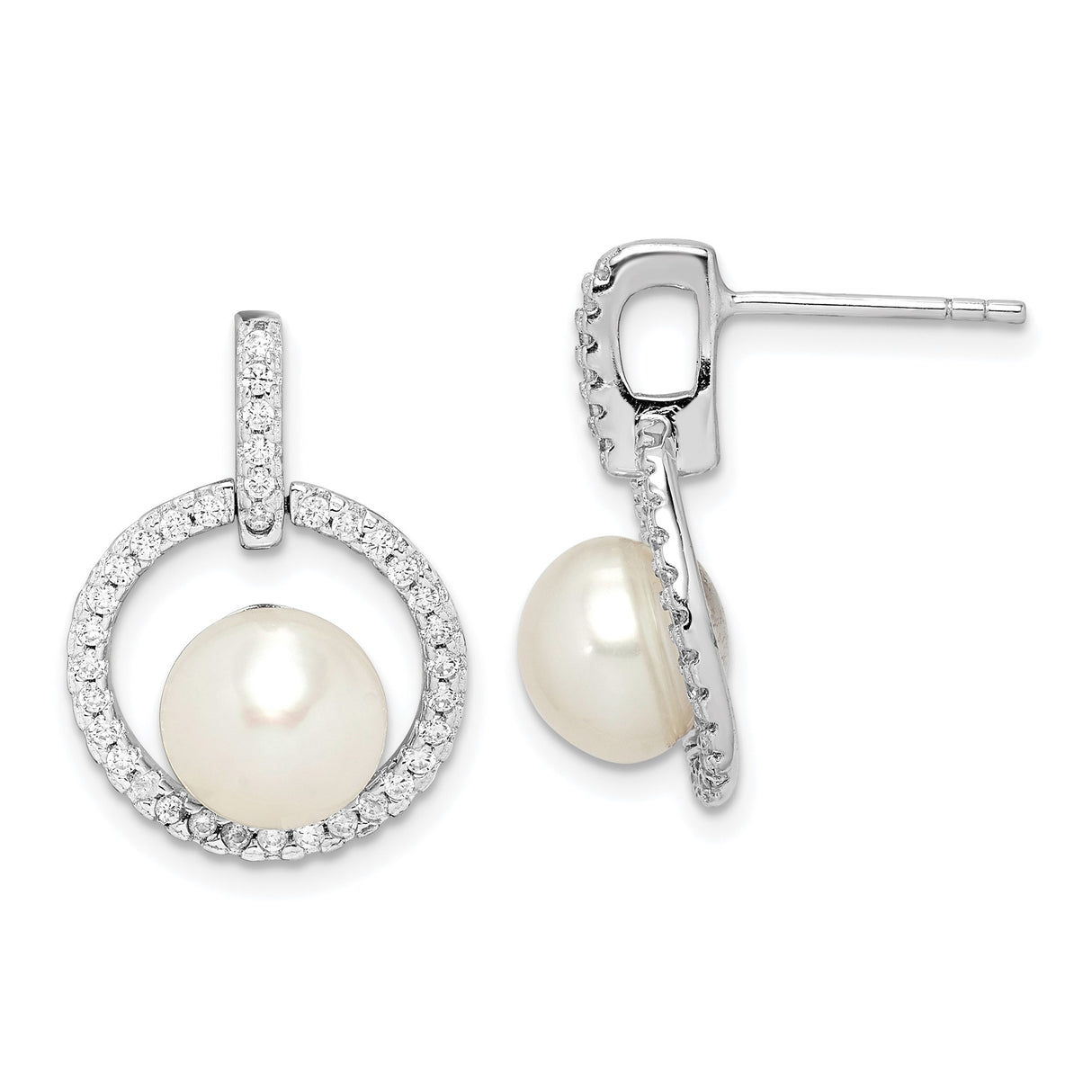 Sterling Silver Stud Earrings with Freshwater Cultured Pearls and Cubic Zirconia Circle Design