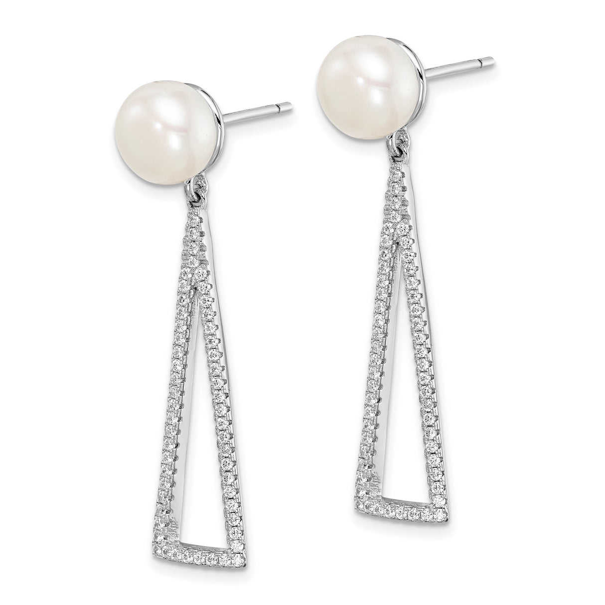 Sterling Silver Drop Earrings with Freshwater Pearls and Cubic Zirconia, Open Triangle Design