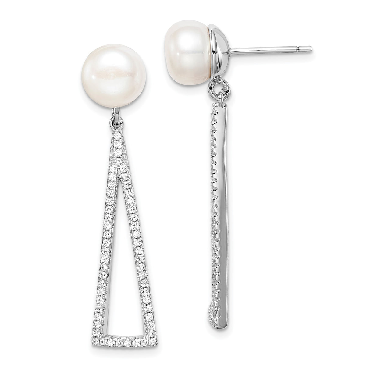 Sterling Silver Drop Earrings with Freshwater Pearls and Cubic Zirconia, Open Triangle Design