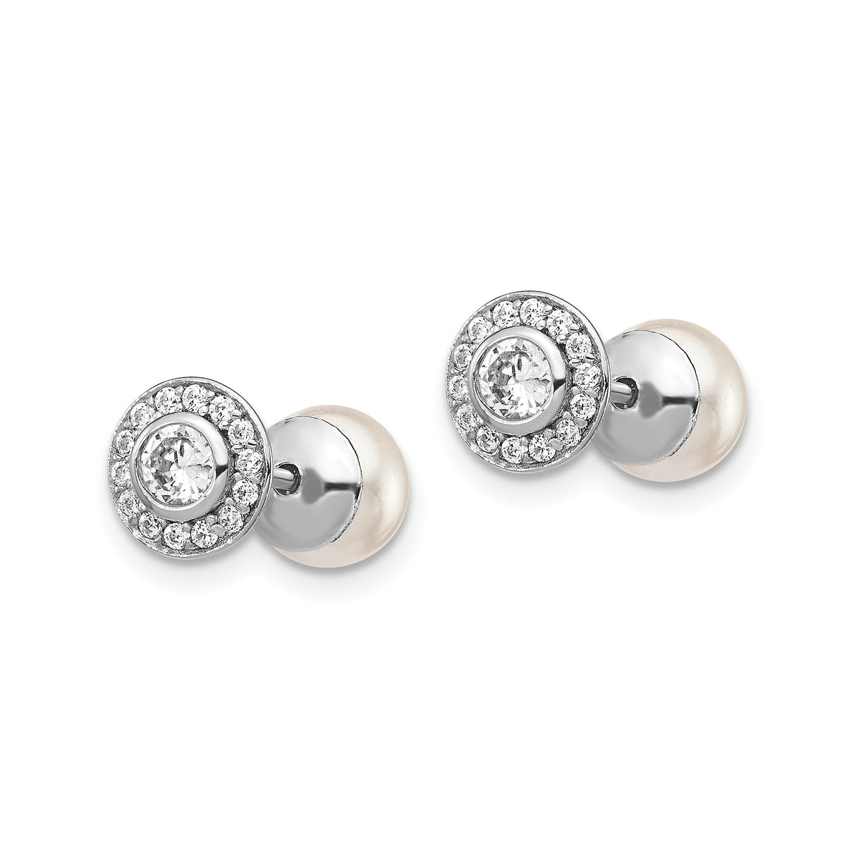 Sterling Silver Stud Earrings with Mother of Pearl Center, Cubic Zirconia Halo, Reversible Design