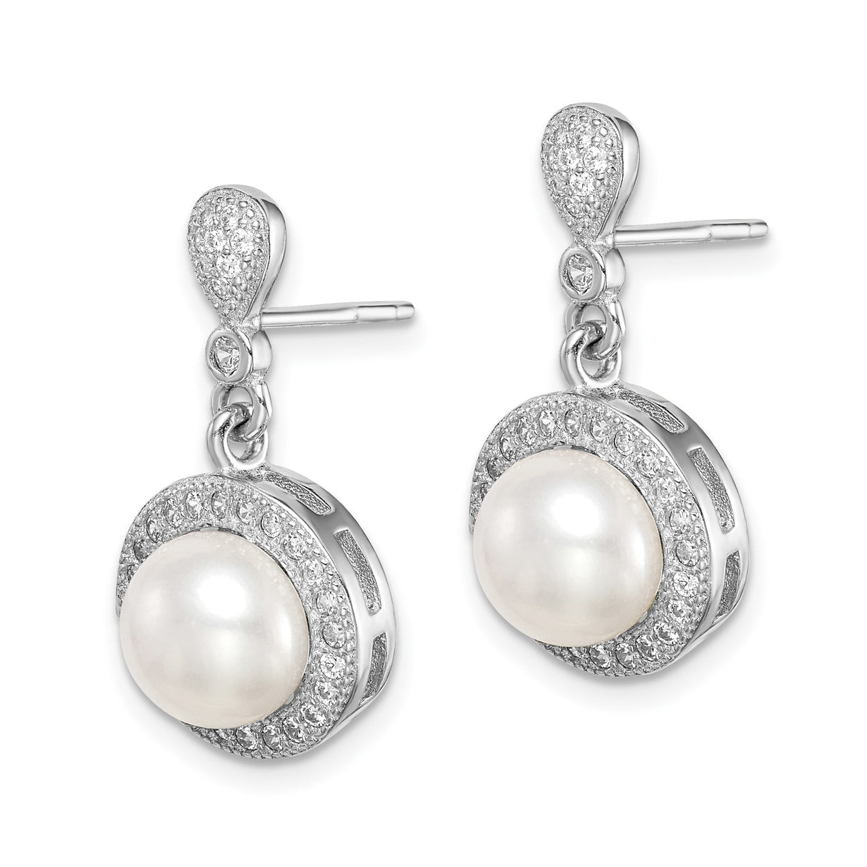 Sterling Silver Drop Earrings with White Freshwater Cultured Pearls and Cubic Zirconia Pavé