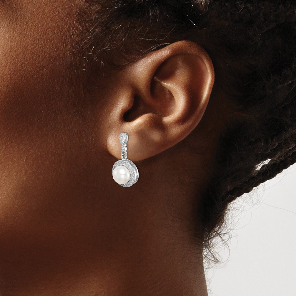 Sterling Silver Drop Earrings with White Freshwater Cultured Pearls and Cubic Zirconia Pavé