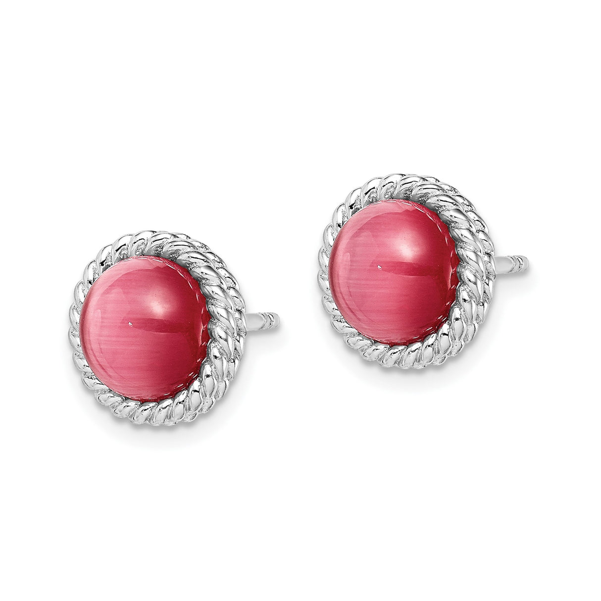 Sterling Silver Stud Earrings with Round Pink Cats Eye Cabochon in Twisted Rope Bezel Setting