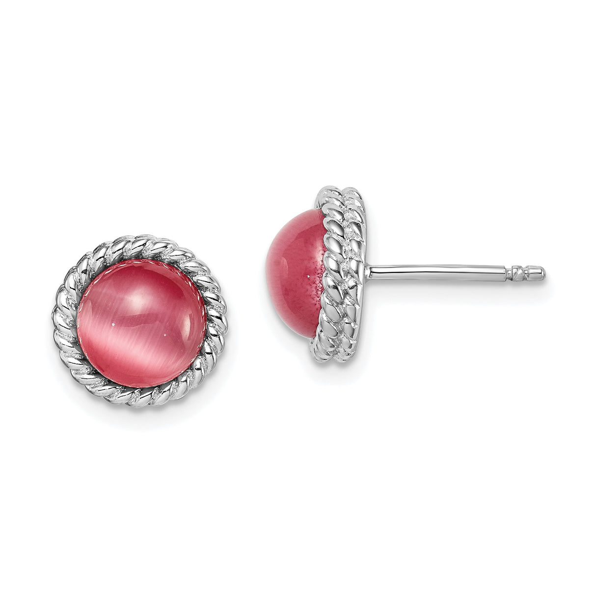 Sterling Silver Stud Earrings with Round Pink Cats Eye Cabochon in Twisted Rope Bezel Setting