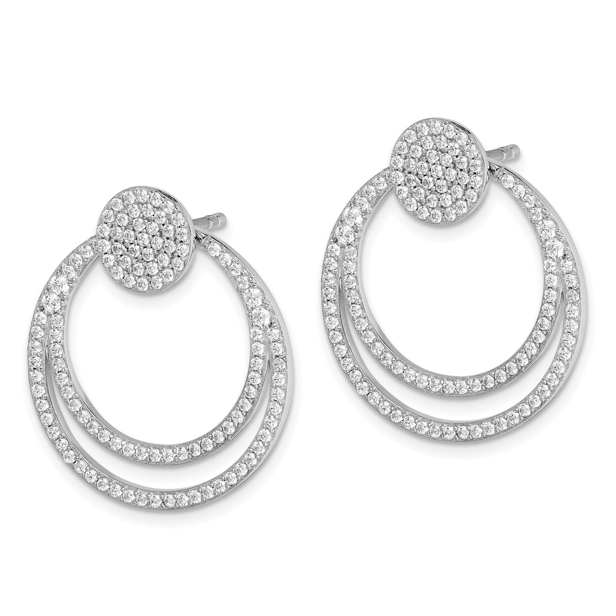 Sterling Silver Double Hoop Earrings with Pavé Cubic Zirconia, Modern Layered Circle Design