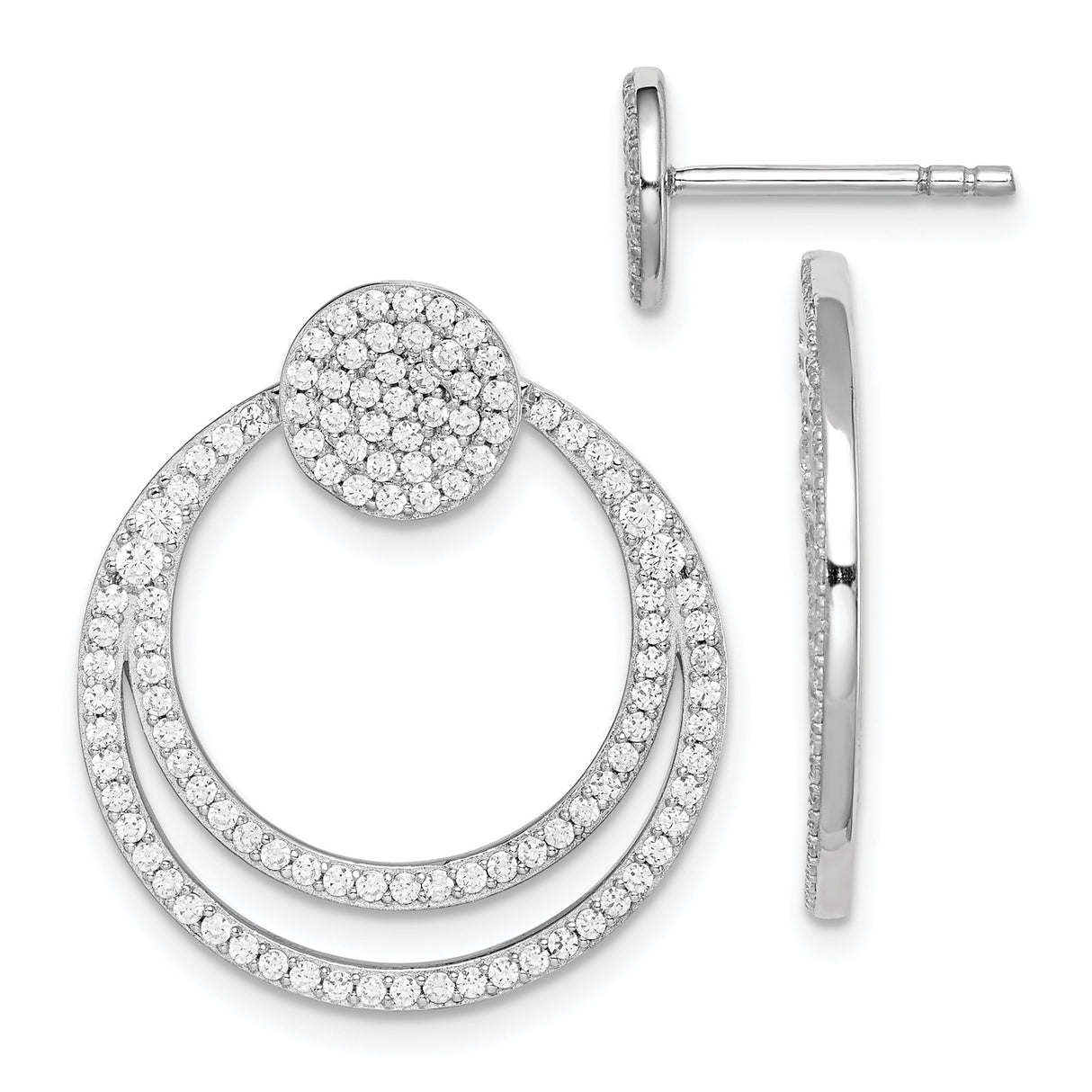Sterling Silver Double Hoop Earrings with Pavé Cubic Zirconia, Modern Layered Circle Design